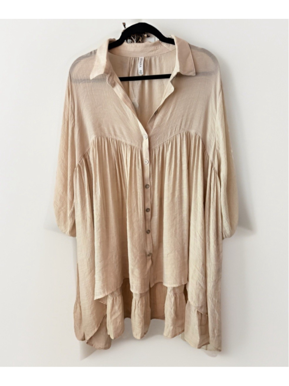 Zenana 1X Taupe Tiered Tunic Dress Pockets Button Front Boho Oversized - Picture 3 of 6